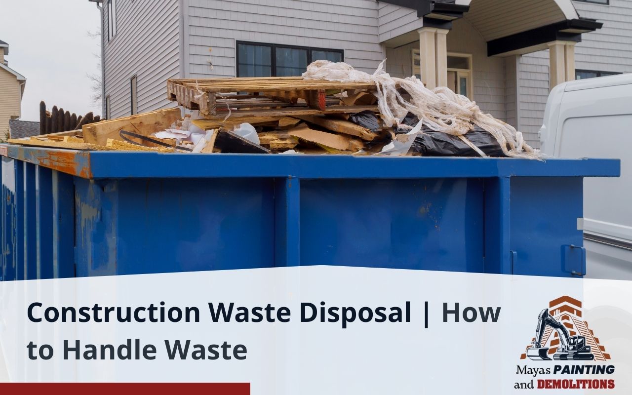 Full dumpster with assorted construction waste at a residential site