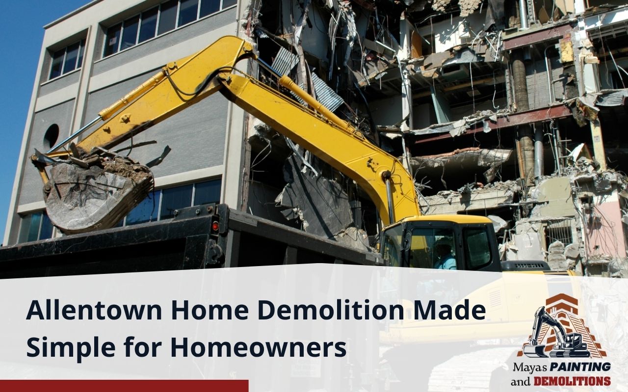 Excavator tearing down residential house in Allentown